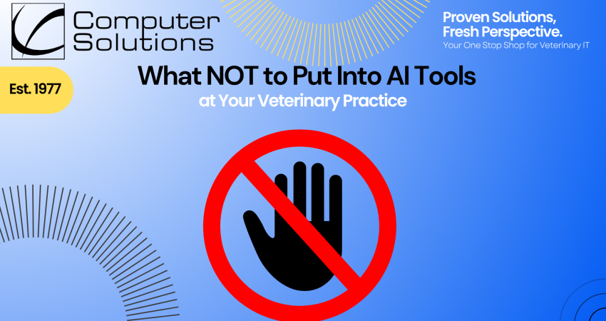 AI data privacy article including the Computer Solutions logo, tagline, and contact information. It also includes a graphic of a hand with a red line through it indicating to "Stop"