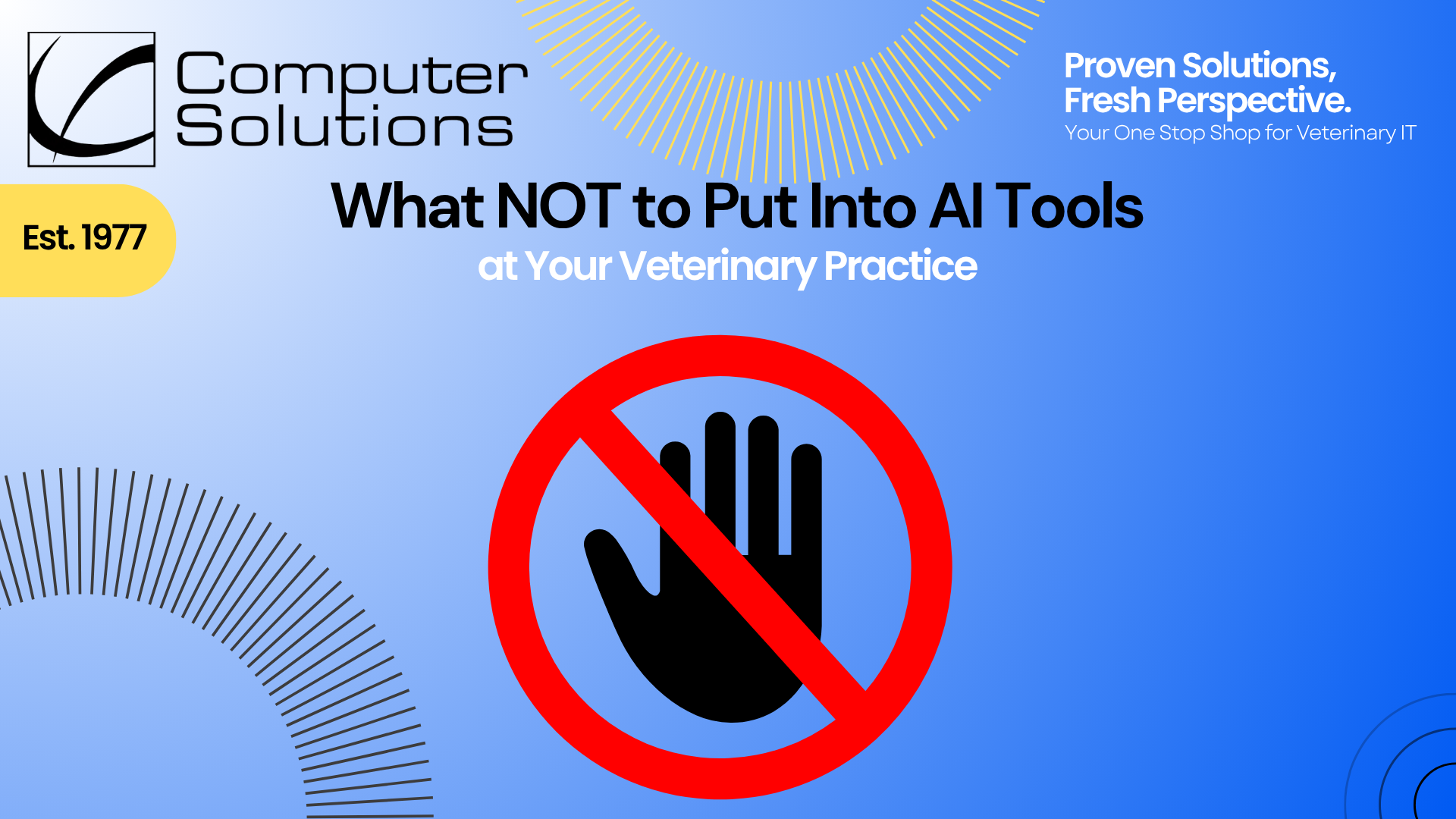 AI data privacy article including the Computer Solutions logo, tagline, and contact information. It also includes a graphic of a hand with a red line through it indicating to "Stop"