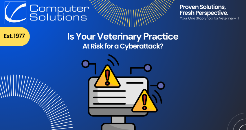 Veterinary cybersecurity article title page featuring a graphic of a monitor cluttered with error messages.
