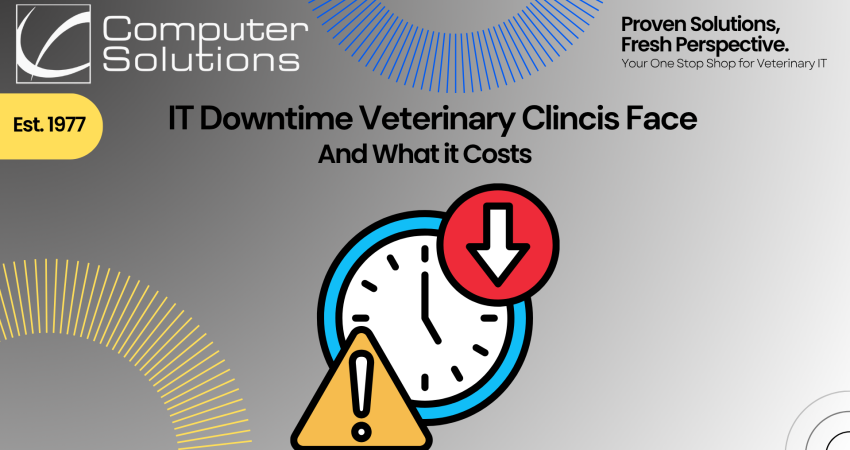 IT downtime at veterinary clinics article title image. IT includes a graphic of a clock with an error pop up as well as an arrow pointing down.