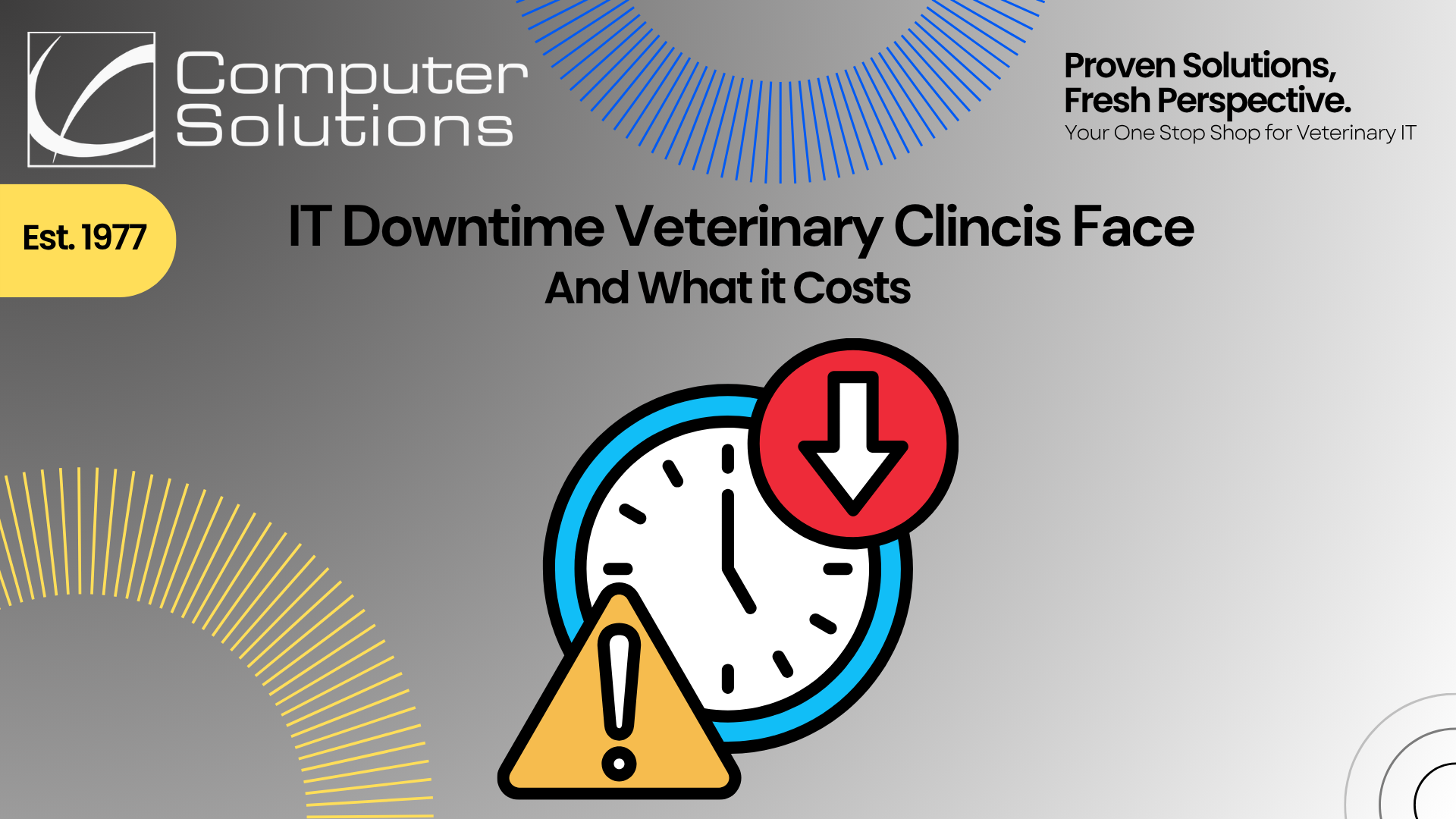 IT downtime at veterinary clinics article title image. IT includes a graphic of a clock with an error pop up as well as an arrow pointing down.