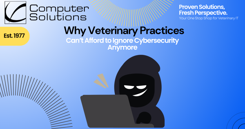 Vet cybersecurity services article including a graphic of a hacker smiling with a laptop