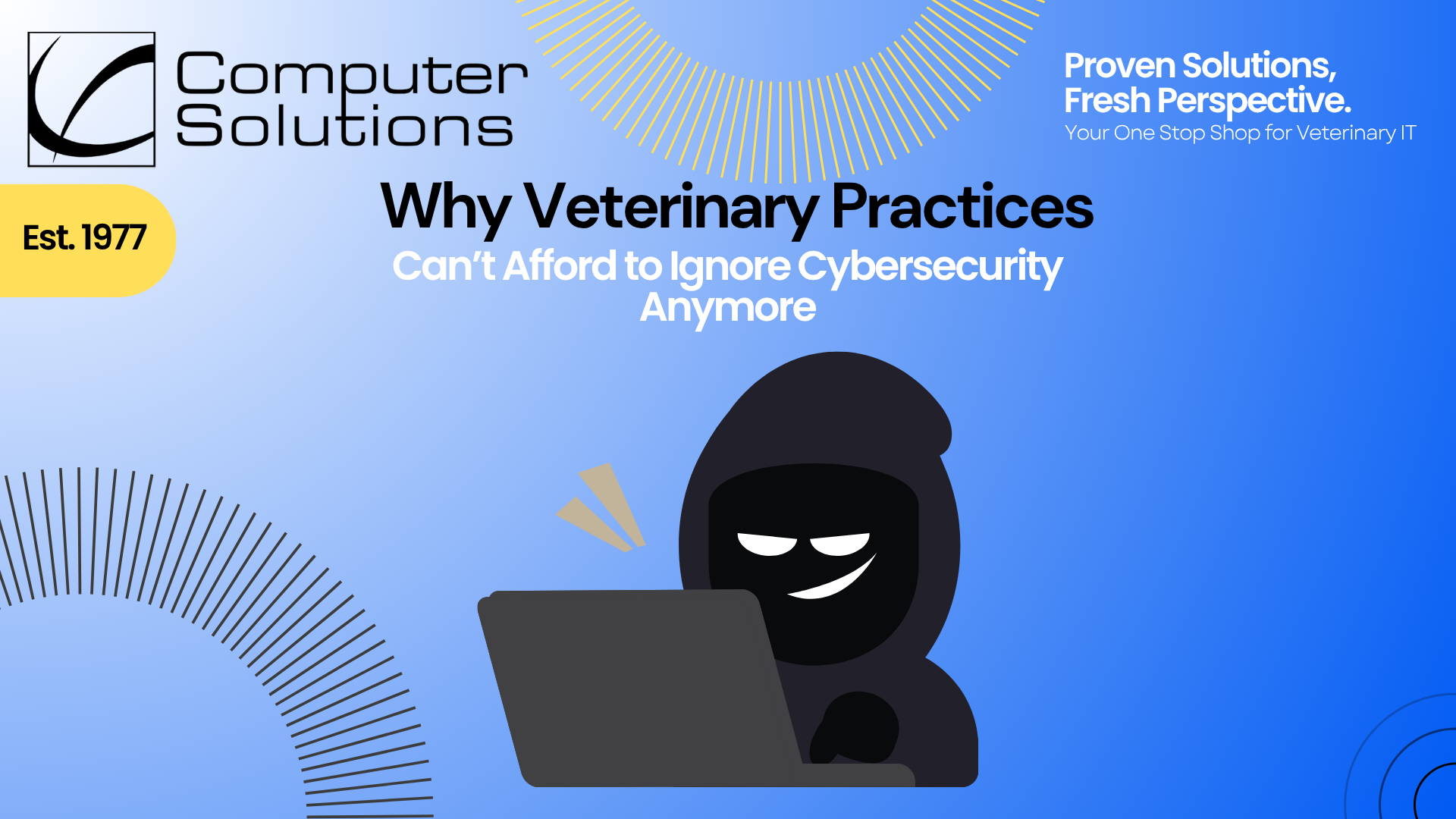 Vet cybersecurity services article including a graphic of a hacker smiling with a laptop
