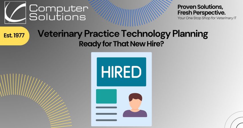 Veterinary practice technology planning article. this includes the company contact information as well as a graphic of a resume stamped for hiring.