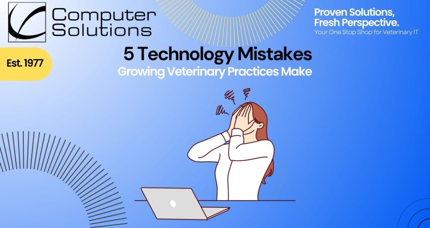 veterinary clinic expansion technology article title image, showing a frustrated woman with her hands over her face sitting in front of a laptop