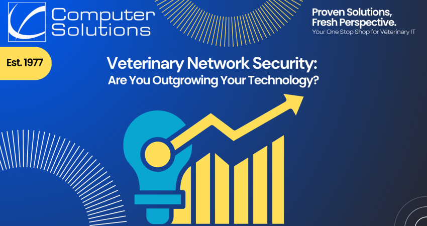 Veterinary network security article title image. This includes a graphic of a lightbulb and a graph trending upwards.