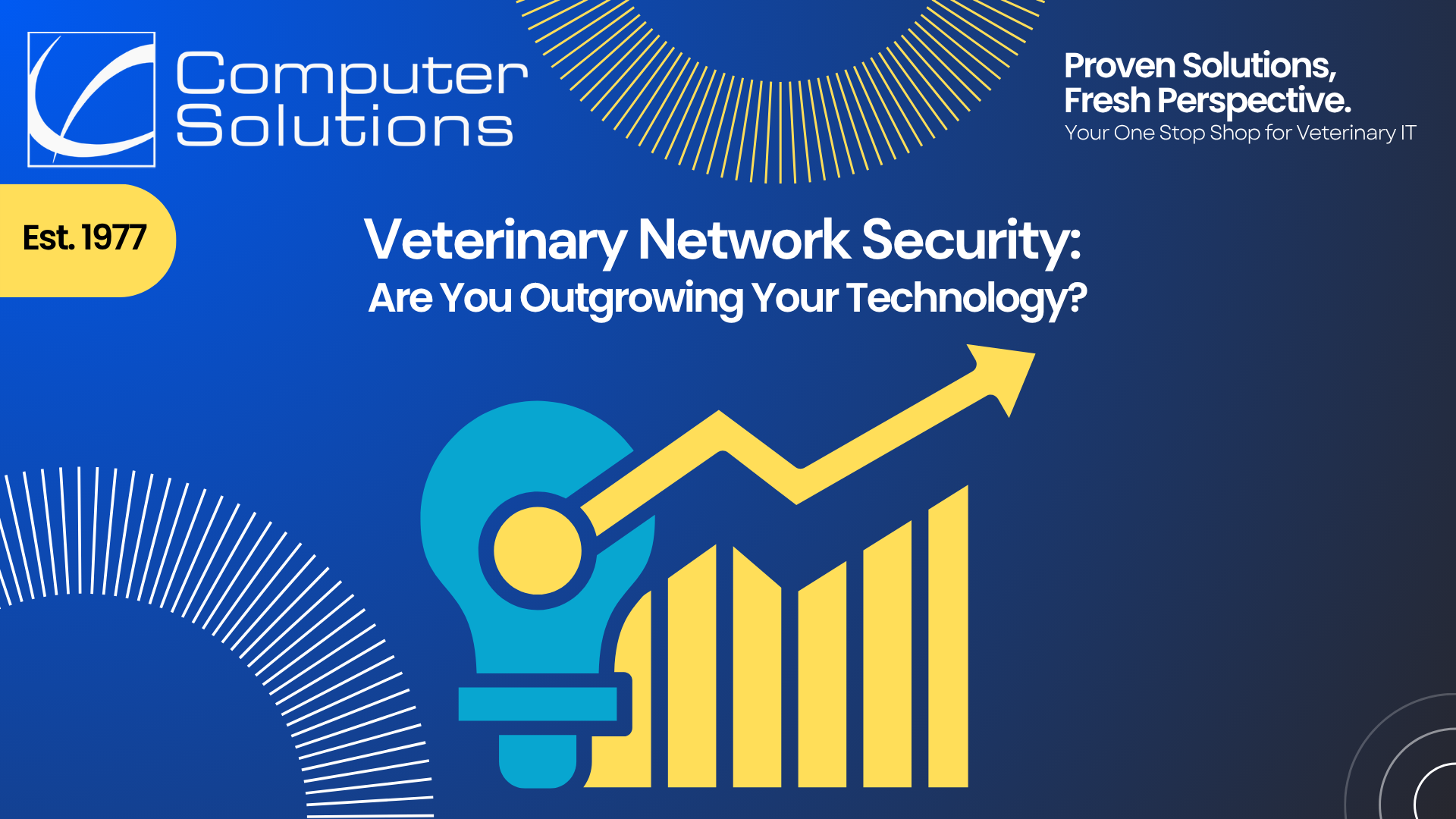 Veterinary network security article title image. This includes a graphic of a lightbulb and a graph trending upwards.