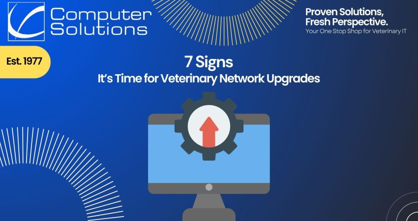 Veterinary network upgrades article title image including a graphic of a monitor with a gear with arrow pointing up to show tech upgrades.