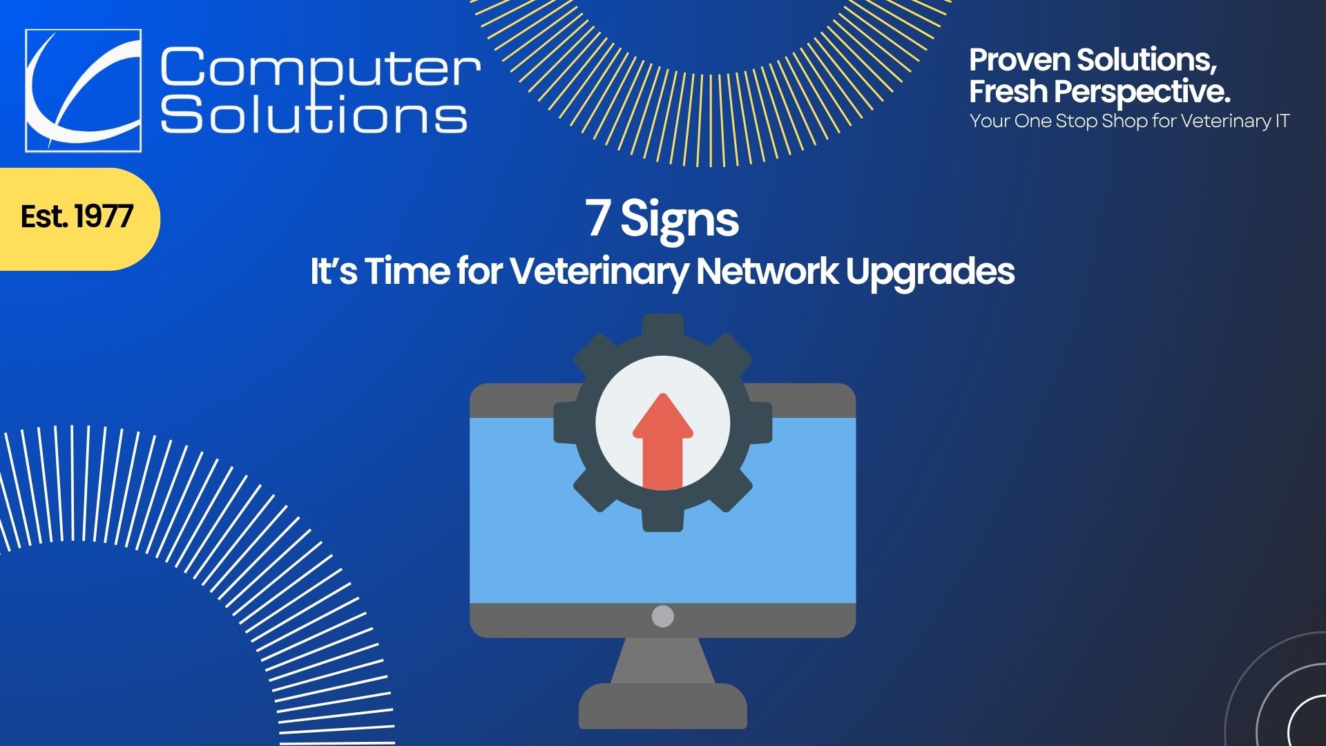 Veterinary network upgrades article title image including a graphic of a monitor with a gear with arrow pointing up to show tech upgrades.